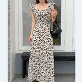 Chic Korean Clothes Design Autumn Women Sleeveless Japan Girls Cute Floral Printed Retro Vintage Date Black Long Maxi Dress